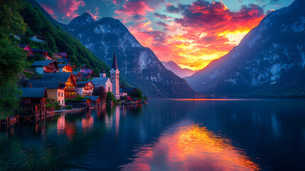 Fototapeta premium Serene lakeside village at sunset.