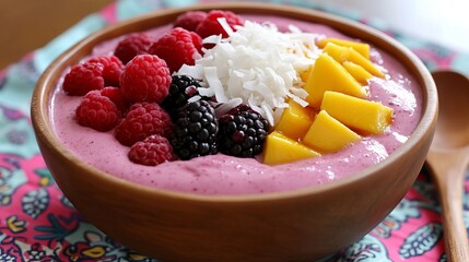 A delicious smoothie bowl topped with fresh fruit and coconut flakes.