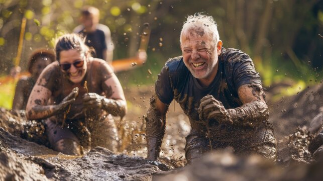 A group of seniors faces an exhilarating mud run obstacle, laughter and determination etched on their faces as they share a lively, muddy adventure.