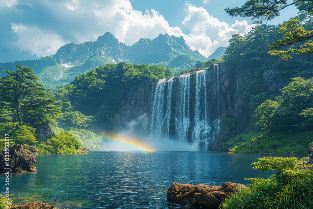 Wall mural A rainbow arcing over a waterfall surrounded by greenery captures the magical and serene beauty of nature. Concept of beauty in nature.