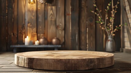 A rustic wooden podium in a cozy, ambient-lit room ideal for warm and inviting product displays, complemented by soft candlelight and a vase of blossoming branches.