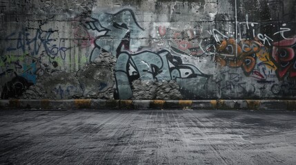 A gritty urban scene with a textured concrete wall adorned with vibrant graffiti, standing behind a weathered concrete podium, invoking a raw, street art atmosphere.
