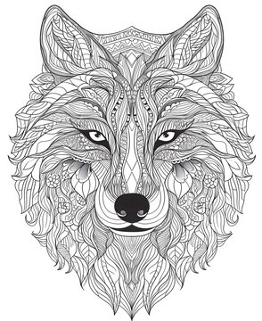 Intricate Mandala Wolf Line Art Illustration on White Background