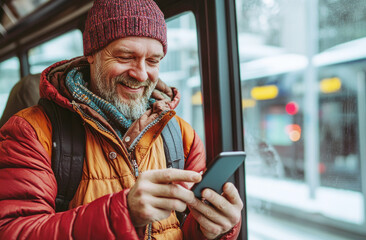 Handsome caucasian man smiling and using smartphone on the bus