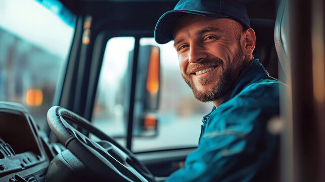 Laughing Truck driver smiling inside truck cab