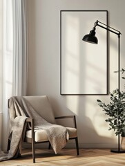 A chair with a blanket draped over it sits in front of a white wall