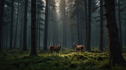 Two deer stand in a misty forest clearing, bathed in the golden light of the morning sun.