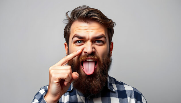 Mischievous bearded man putting finger into his nose and showing tongue, fooling around, bad habits, disrespectful behavior, wearing checkered shirt. Indoor studio shot isolated on gray background i