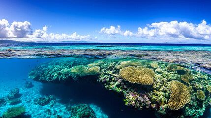 Obraz premium Vibrant underwater coral reef scene with clear water.