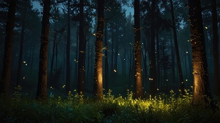A dark and mysterious forest at night with glowing fireflies, creating an ethereal and magical atmosphere.