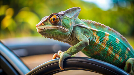 Green cute and serious chameleon holds the steering wheel of the car. He goes to travel. Concept of rest and pleasure.