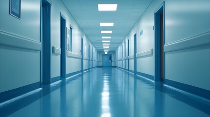 Bright, modern hospital corridor with sleek, clean lines, white walls, and a sterile environment, illuminated by natural light for a pristine medical setting