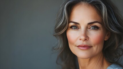Naklejka premium Aging woman with visible wrinkles and gray hair, transforming into her younger self with glowing skin, dark hair, and a vibrant, youthful appearance