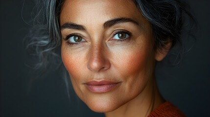 Fototapeta premium Aging woman with visible wrinkles and gray hair, transforming into her younger self with glowing skin, dark hair, and a vibrant, youthful appearance