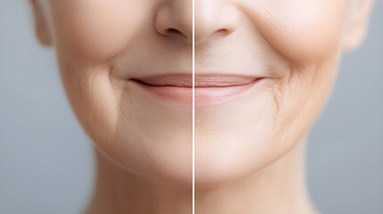 Before and after close-up of a senior woman, showing deep laugh lines and sagging skin transitioning to a plump, youthful, radiant complexion