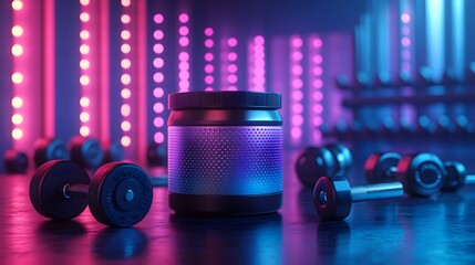 A sleek protein powder jar with futuristic metallic textures, bold typography, placed on a gym bench surrounded by shiny dumbbells and fitness gear, digital 3D render, neon lighting