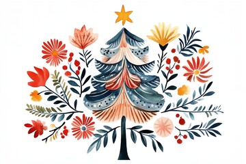 Obraz premium A Christmas tree with flowers and a star on top. The tree is surrounded by a lot of flowers, and the colors are bright and cheerful. Scene is festive and joyful, perfect for the holiday season