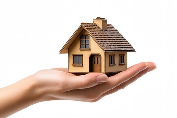 A hand is holding a small house. The house is made of wood and has a slanted roof. The hand is holding the house in a way that it is a gift or a present
