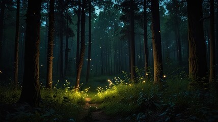 Fototapeta premium A path through a dark forest lit by fireflies at night.
