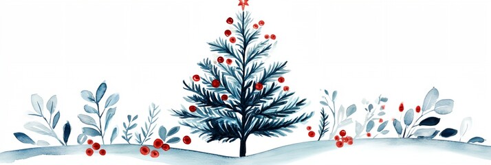 A Christmas tree is the focal point of a painting of a snowy landscape. The tree is surrounded by a field of evergreen trees and bushes, and there are berries scattered throughout the scene