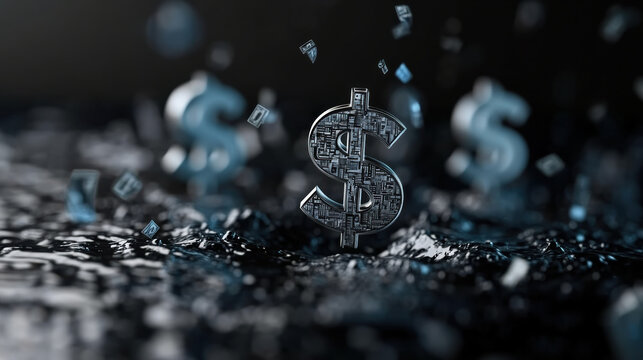Abstract digital rendering of currency symbols in fluid environment