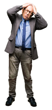 Handsome senior businesss man wearing glasses and tie suffering from headache desperate and stressed because pain and migraine. Hands on head.