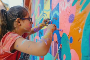 young artist painting a vibrant mural on a wall, with colorful paint splashes on her arms