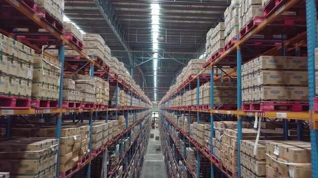 Warehouse full of shelves with goods in cardboard boxes during the day. Product Distribution Logistics Center. Asia.