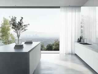 A kitchen with a counter and a vase of flowers on it
