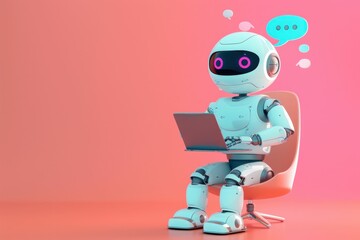 Fototapeta premium robot, technology, digital communication, artificial intelligence, contemporary design A friendly robot sitting on a chair, typing on a laptop The background is a soft pink hue The robot features