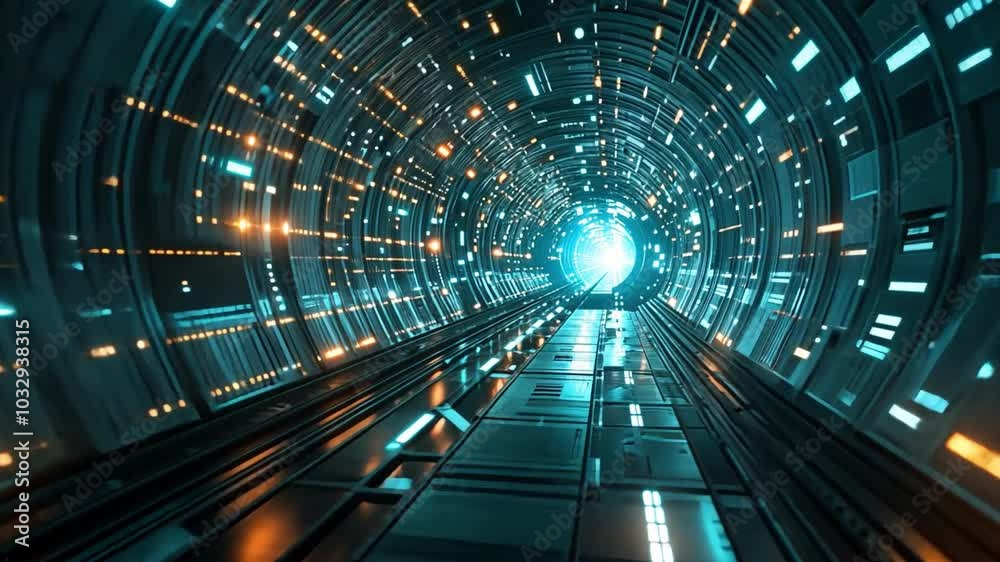 Poster a luminous tunnel showcases intricate patterns and brilliant lights. the vibrant blue and orange hue
