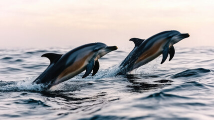 Obraz premium Dolphins jumping through ocean waves, showcasing their grace and agility
