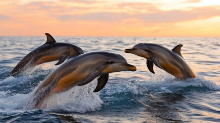 Obraz premium Dolphins jumping through ocean waves at sunset, showcasing their grace and beauty