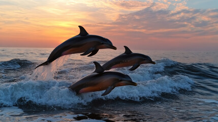 Obraz premium Dolphins jumping through ocean waves at sunset, creating joyful scene
