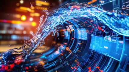 Crystal clear water wave reflecting market data graph creates dynamic visual