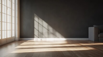 A large room with a white couch and a window