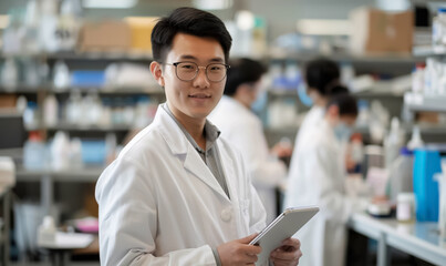 Fototapeta premium scientist in lab coat uses tablet while standing in biotechnology research lab, surrounded by coworkers researchers, innovation and medical scientific analysis