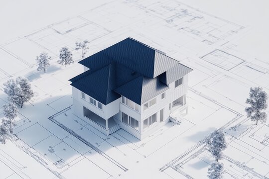 A house is shown in a drawing with a blue roof