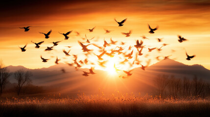 Obraz premium flock of birds flying at sunset creates stunning silhouette against vibrant sky