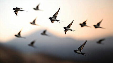 Obraz premium Flock of swallows flying gracefully across serene mountain range at sunset