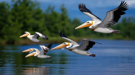 Fototapeta premium Flocks of pelicans flying gracefully over serene wetland landscape