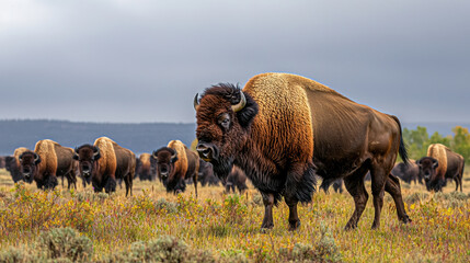 Majestic bison roaming across open plains under cloudy sky