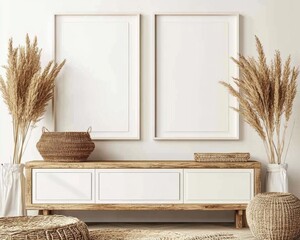A white wall with two framed pictures and a wooden table