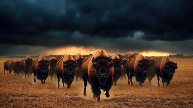 herd of bison running across plains under dramatic sky