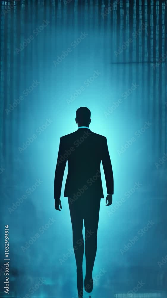 Poster Businessman is walking into an abstract digital space filled with glowing binary code, representing the intersection of business and technology