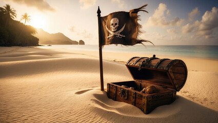 Naklejka premium Open treasure chest and pirate flag waving on a tropical beach at sunset