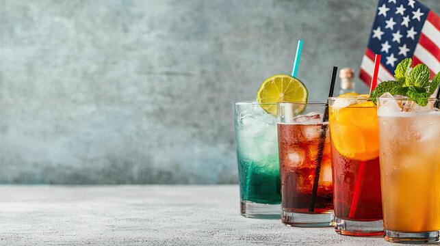 A vibrant array of colorful cocktails served in glasses, featuring garnishes and an American flag in the background, ideal for a festive occasion.