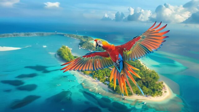 Beautiful colorful parrot flying over tropical island with sandy beach and turquoise ocean. High quality 4k footage