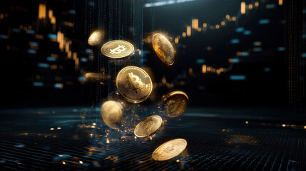 Golden coins falling through air, creating mesmerizing effect in digital space