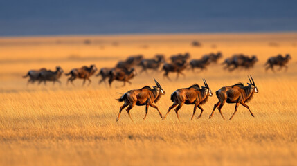 Fototapeta premium Herd of antelope running across golden plains, showcasing natures beauty